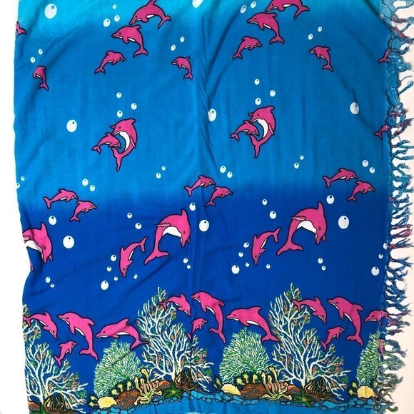DOLPHIN Under the Sea Blue & Pink Coral Reef Tassel Beach Coverup Sarong Skirt - Picture 16 of 16